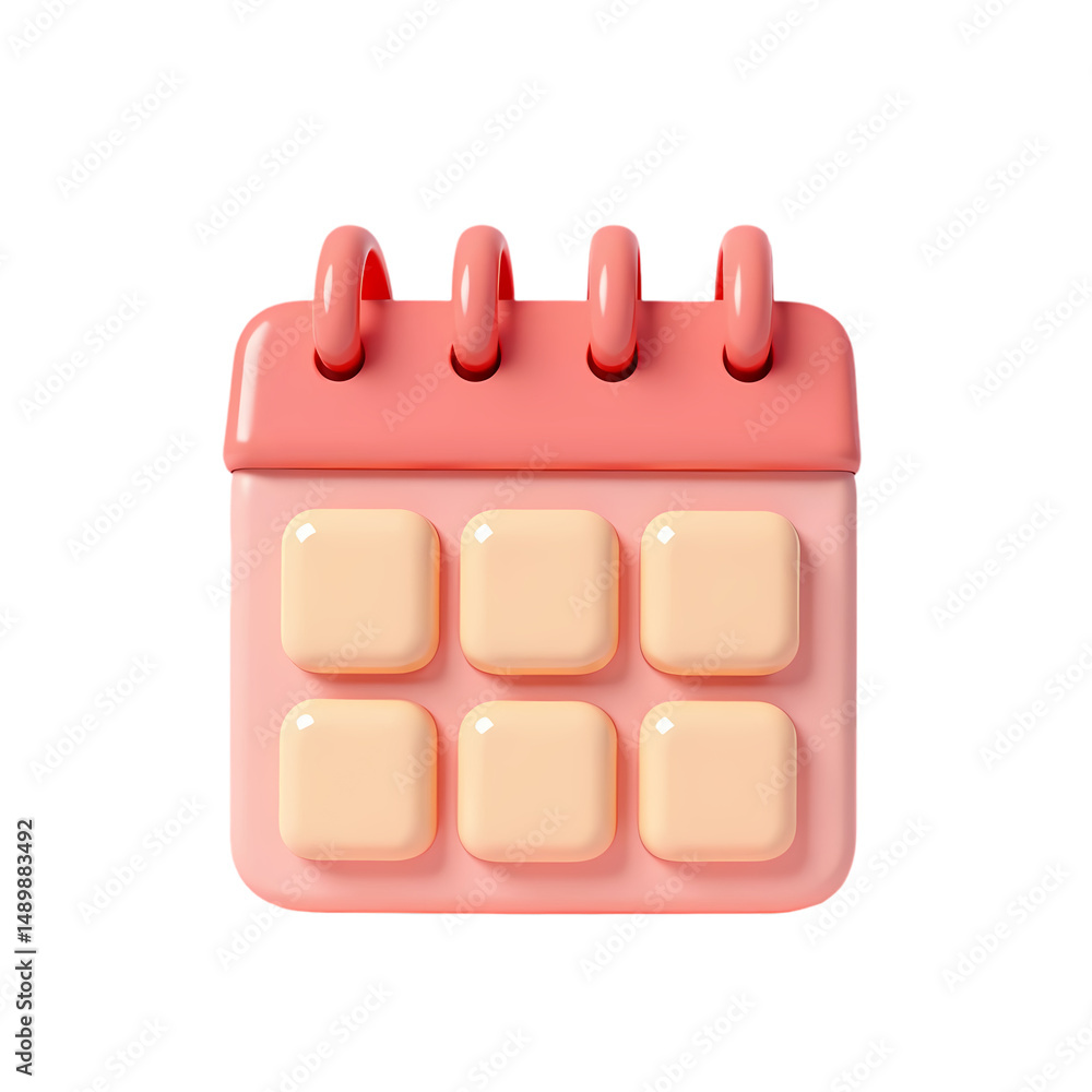 Poster a stylized pink calendar icon with six blank date squares in a digital rendering isolated on transpa