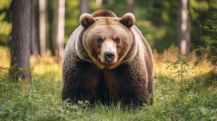 Fototapeta premium A brown bear standing in a forest looking directly at the camera with a blurred background of trees