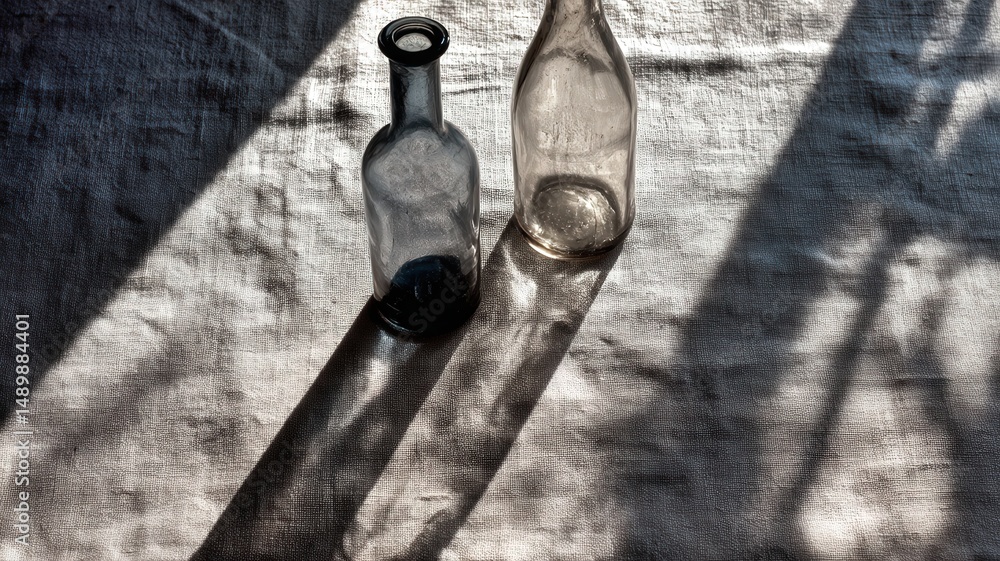 Aufkleber glass bottle casting refracted shadows on linen tablecloth with elegant textures and patterns
