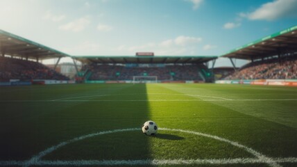 Obraz premium Soccer Stadium with Lush Green Grass Field, Empty Football Arena, Modern Sports Venue, Outdoor Soccer Pitch, Daylight, Clear Sky, Professional Football Stadium Exterior View