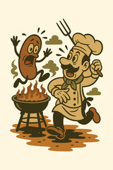 Funny Chef and Sausage BBQ Cartoon