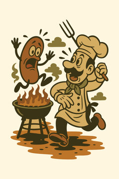 Naklejki Funny Chef and Sausage BBQ Cartoon