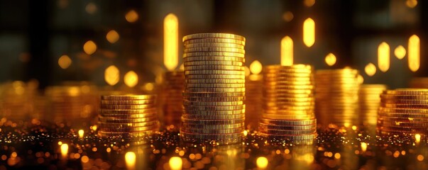 Gold bullish chart wealth from investment and trading concept. Golden coins stacked elegantly in a shimmering background.