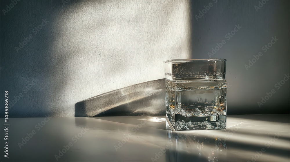 Aufkleber glass object refraction casting light and shadows on a textured surface in minimalist setting