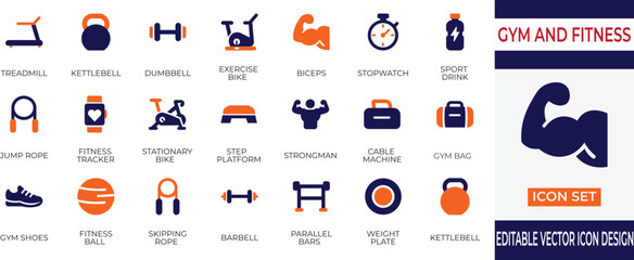 Modern gym icon set featuring fitness, strong, bodybuilding, and wellness symbols. Clean, minimal, vector-perfect designs for digital & print.