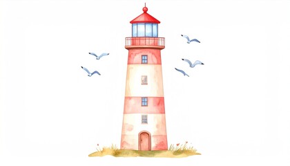 Watercolor illustration of a charming lighthouse design.