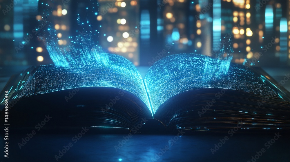Poster the digital age of knowledge: an open book with data flowing into the city