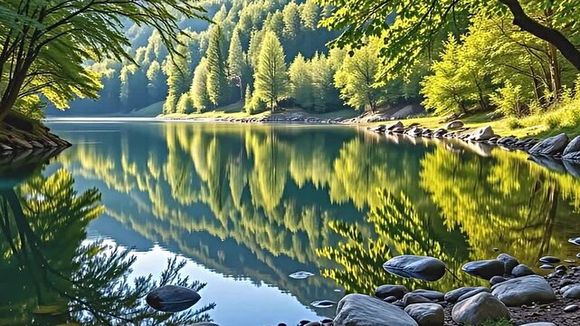 quiet lakeside view, a pristine river blending into a serene lake, lush greenery from nearby trees mirrored perfectly on the water's surface, smooth round rocks dotting the shore