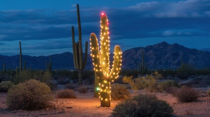 Obraz premium Cactus decorated with colorful Christmas lights glowing brightly in desert at night with majestic mountains in background festive holiday desert scene sparkling lights serene nighttime landscape 