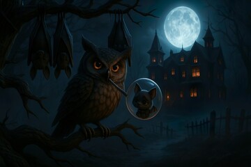 Fototapeta premium Midnight Owl Blowing a Bat Bubble beneath the Haunted Manor