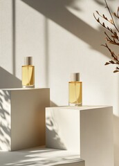 Two amber glass perfume bottles with light wood caps sit on minimalist white cube podiums, bathed in soft sunlight casting shadows on a light wall, next to a dried branch