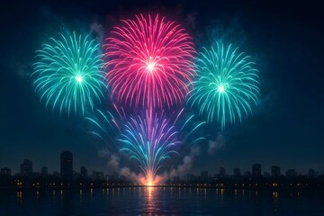 Colorful Fireworks Over City Skyline – Hanabi Night Festival