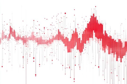 Data visualization of fluctuating market trends.  Red-toned abstract graph displays a dynamic pattern of rising and falling values, overlaid with scattered data points
