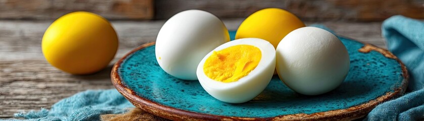 Rustic kitchen with yolk and nutrition from protein concept. Freshly cooked eggs and lemons on a rustic wooden table.