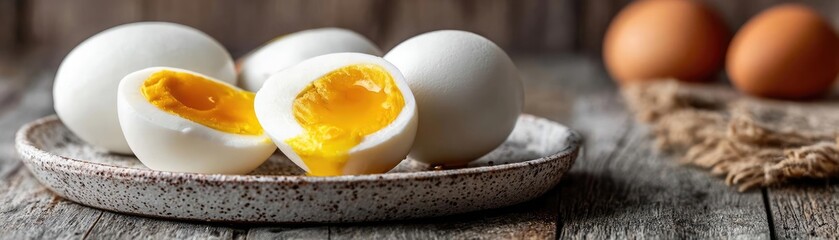 Rustic kitchen with yolk and nutrition from protein concept. Delicious soft-boiled eggs on a rustic wooden table.