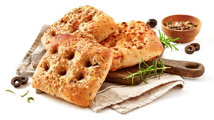 Focaccia z oliwkami i rozmarynem na białym tle