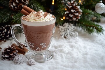 A cup of cocoa - a cup of warm drink against the background of Christmas tree, generated AI