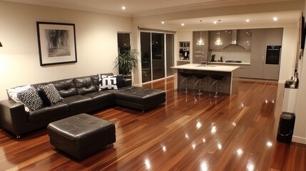 Modern home interior design open plan living and kitchen space with hardwood floors