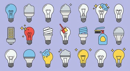 Creative Light Bulb Icons Set: Diverse Types, Energy Efficiency & Conceptual Designs in Flat Line Art