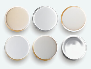 Set of white button badge. Template white badge mockup. Round badge button brooch. 3D Realistic white blank glossy round button badge pin. Vector illustration on white background.