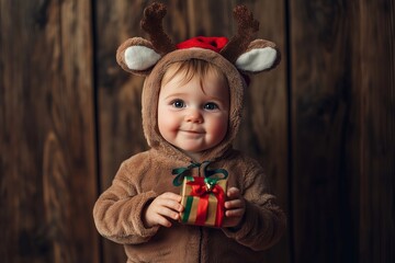 A toddler dressed in a Christmas reindeer costume, generated AI