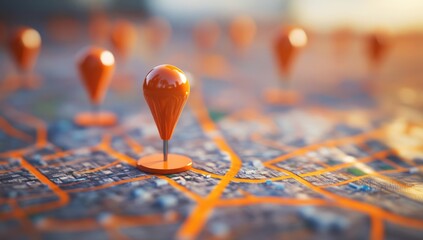 Urban map with multiple orange location pins