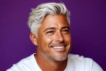 Obraz premium Trendy men's shoulder-length taper haircut - midlife white man with white hair. Concept art of style for aging men. Purple solid background. A man with a natural glow and soft masculinity.