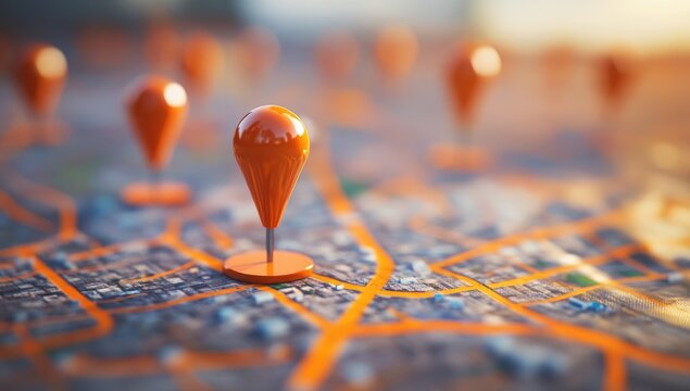 Urban map with multiple orange location pins