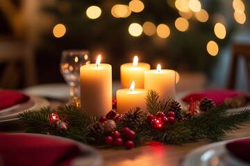 Candles on the Christmas holiday table, generated AI