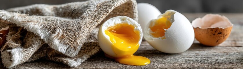 Rustic kitchen with yolk and nutrition from protein concept. Delicious eggs with golden yolks on rustic wooden background.