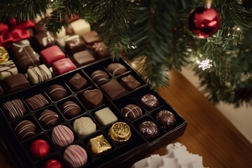 Chocolates under the Christmas tree, generated AI