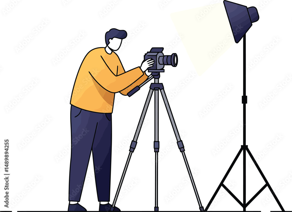 Poster content creator setting up camera - minimalist vector