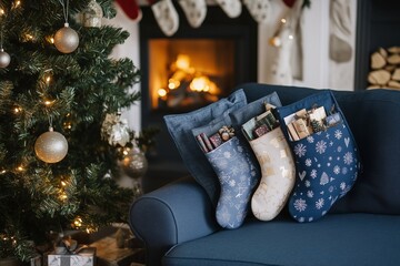 Christmas stockings on the couch, generated AI