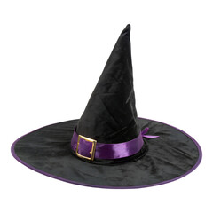 Black witch hat with purple ribbon and buckle classic Halloween costume accessory isolated on transparent background