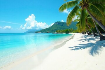 Fototapeta premium Tranquil beach scene, turquoise water, white sand, copy space left , blue, serene, illustration