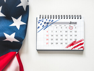 Happy Independence Day. American Flag and calendar with the date of July 4th. Calendar Marking....