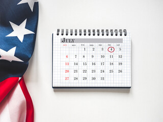 Happy Independence Day. American Flag and calendar with the date of July 4th. Calendar Marking....