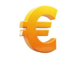Shiny Euro symbol in vibrant yellow and orange. 3D icon, plastic illustration style on transparent or white background