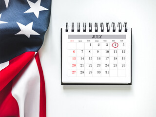 Happy Independence Day. American Flag and calendar with the date of July 4th. Calendar Marking....