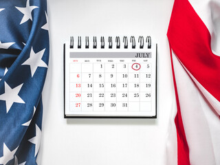 Happy Independence Day. American Flag and calendar with the date of July 4th. Calendar Marking....