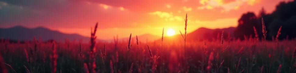 Naklejka premium Blazing sunset hues behind tall, blurred grasses Retro filter , eventide, autumn, soft