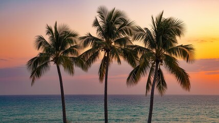 Fototapeta premium Tropical Palm Trees Silhouetted Against a Bright Blue Sky with Gentle Clouds, Serene Vacation Vibes and Summer Atmosphere for Travel, Nature, Island Escape and Coastal Relaxation Concepts