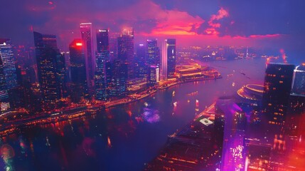 Fototapeta premium Vibrant Night Cityscape Stunning Urban Skyline Illuminated Buildings River Reflections