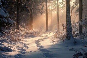 Deer tracks in the snow, generated AI