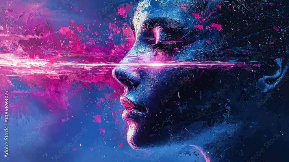 Poster artistic portrait with abstract colors and light effects in background
