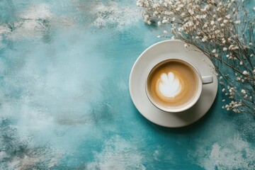 Overhead view of a latte with leaf art in a white cup and saucer, accompanied by dried white flowers on a teal textured background
