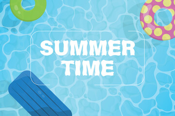 Swimming pool top view background. Summer time text with a rubber raft and colorful swimming balloons floating on water.