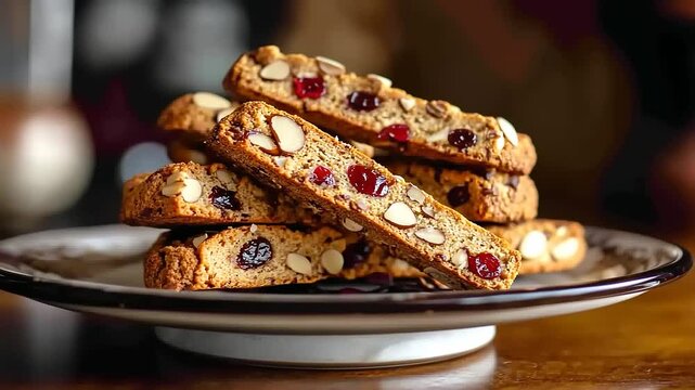 Deliciously baked biscotti with nuts and cranberries stacked on a plate in a cozy caf? setting