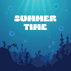 Summer time text with underwater ocean landscape. Silhouette of algae and reefs. Seabed background with ocean flora, corals and bubbles.