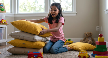 Obraz premium Little child building a pillow fort at home, playing with toys in cozy room, kids activities and indoor games